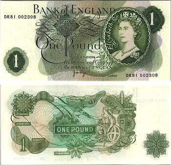 АНГЛИЯ 1 ФУНТ 1970-1977 ПОДПИСЬ J.B. PAGE Pick 374g бумага UNC (ПРЕСС) 7214-6-2