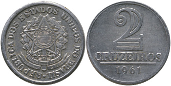 Бразилия 2 крузейро 1961 KM 571 алюминий 4577-1017