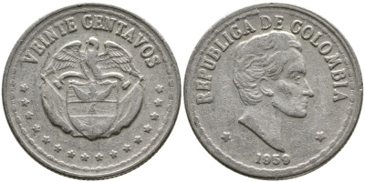 КОЛУМБИЯ 20 СЕНТАВО 1959 СИМОН БОЛИВАР KM 215.1 медно-никель 4529-847