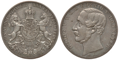 Брауншвейг-Каленберг-Ганновер 1 талер 1866 В, Георг V (1851-1866) КМ 230, AKS 144, Dav. 682, Kahnt 239, Thun 174 серебро 00-00