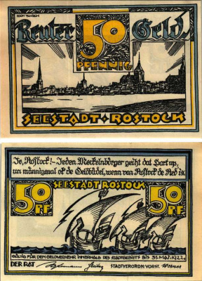 РОСТОК 50 ПФЕННИГОВ 1922 НОТГЕЛЬД, ИЮНЬ 1922 - 31 МАЯ 1922, ЗЕМЛЯ МЕКЛЕНБУРГ-ПЕРЕДНЯЯ ПОМЕРАНИЯ Grabowski 1138.1 бумага 6318-43-2-1