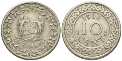 Суринам 10 центов 1966 KM 13 медно-никель 112-521