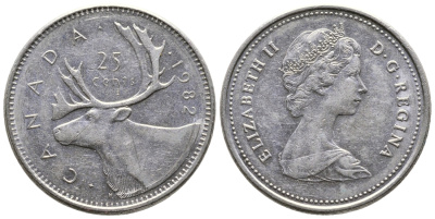 Канада 25 центов 1982 Елизавета II (1952-2022), олень карибу, второй портрет в короне KM 74 никель 4364-2042