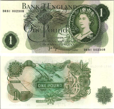 АНГЛИЯ 1 ФУНТ 1970-1977 ПОДПИСЬ J.B. PAGE Pick 374g бумага UNC (ПРЕСС) 7214-6-2