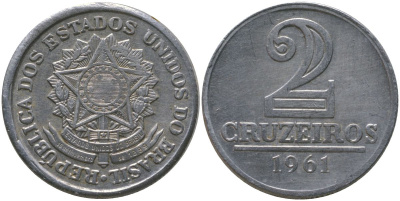 Бразилия 2 крузейро 1961 KM 571 алюминий 4577-1017