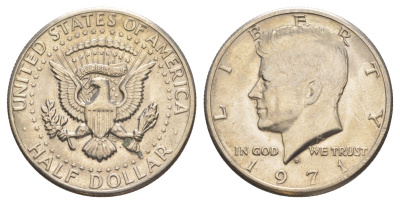 США 1/2 доллара (50 центов) 1971 D, Джон Кеннеди KM 202b медь плакированная медно-никелем aUNC 180-236