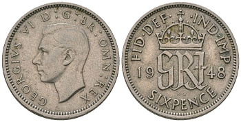 Великобритания 6 пенсов 1948 Георг VI (1936-1952) KM 862, Spink 4105 медно-никель 187-1229