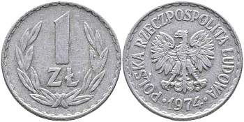 ПОЛЬША 1 ЗЛОТЫЙ 1974 MW KM 49.1 алюминий 110-826