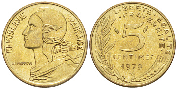 Франция 5 сантимов 1979 тип Marianne KM 933, LE FRANC 125.15 медь алюминий никель 187-847