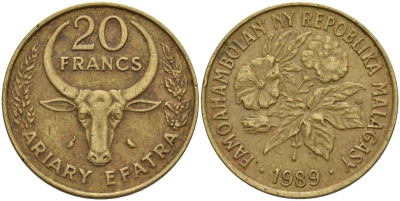 Мадагаскар 20 франков 1989 KM 12 алюминиевая бронза 4141-635