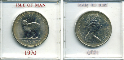 Остров Мэн 1 крона 1970 кошка Мэна, в оригинальной пластиковой коробке KM 18 медно-никель UNC 6-6-1-46
