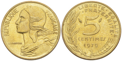 Франция 5 сантимов 1979 тип Marianne KM 933, LE FRANC 125.15 медь алюминий никель 187-847