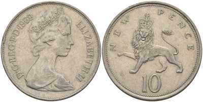 Великобритания 10 пенсов 1969 Елизавета II (1952-2022) KM 912, Spink 4231 (F1) медно-никель 81-1221
