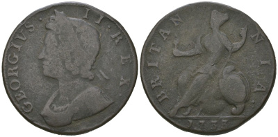 Великобритания 1/2 пенни 1733 Георг II (1727-1760) KM 566, Spink 3717 медь 4590-633