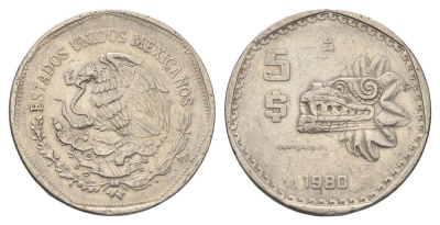 Мексика 5 песо 1980 ацтеская скульптура, пернатый змей Кетцалькоатль KM 485 медно-никель 4663-1026