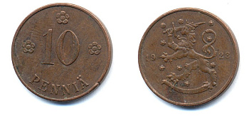 Финляндия 10 пенни 1928 республика (1918-1962) KM 24 медь 46-1621