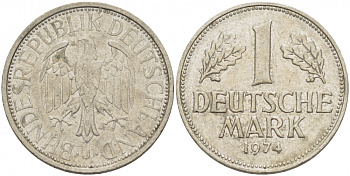 ФРГ 1 МАРКА 1974 J KM 110, J. 385 медно-никель 3718-1143