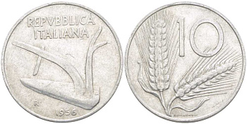ИТАЛИЯ 10 ЛИР 1956 R, ПЛУГ, КОЛОСЬЯ KM 93 алюминий 175-412