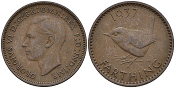 Великобритания 1 фартинг 1937 Георг VI (1936-1952) KM 843, Spink 4116 бронза 4596-1021