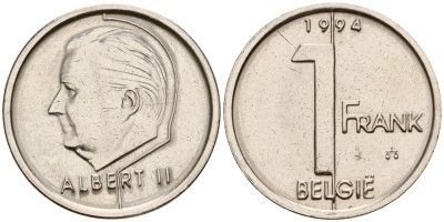 Бельгия 1 франк 1994 Belgie, Альберт II (1993-2013) KM 188 железо плакированное никелем    4598-116
