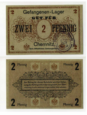 Германия 2 пфеннига ND лагерь военнопленных в Кемнице C-2811 бумага UNC (пресс) 504-79-3-2