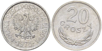 ПОЛЬША 20 ГРОШЕЙ 1975 MW KM А47 алюминий UNC 201-462