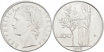 ИТАЛИЯ 100 ЛИР 1972 R, АФИНА KM 96.1 нержавеющая сталь 3855-813