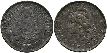 Аргентина 2 сентаво 1884 голова свободы влево KM 8 бронза 4531-515