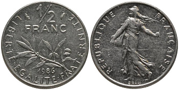 Франция 1/2 франка 1986 сеятель KM 931.1, Le Franc 198.25 никель 181-432