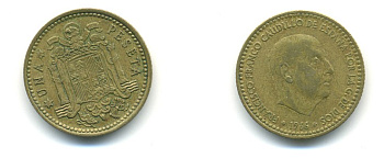 ИСПАНИЯ 1 ПЕСЕТА 1966 (68) ФРАНСИСКО ФРАНКО ДИКТАТОР ИСПАНИИ (1939-1975) КМ 796 алюминиевая бронза 80-1121