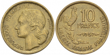 ФРАНЦИЯ 10 ФРАНКОВ 1957 KM 915.1, LE FRANC 363.13 алюминиевая бронза 112-839