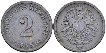 ГЕРМАНИЯ 2 ПФЕННИГА 1874 G, СТАРОГЕРБОВКА KM 2, Jager 2, Weege 3 медь 4546-537