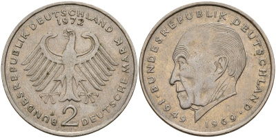 ФРГ 2 марки 1972 J, Конрад Аденауэр J 406, KM 124 медно-никель плакированный никелем 4159-1222