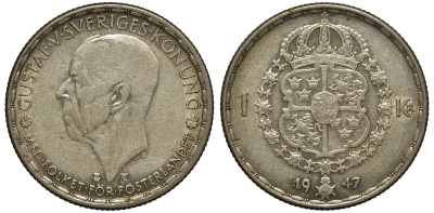 Швеция 1 крона 1947 TS, Густав V (1907-1950) KM 814 серебро 4178-541
