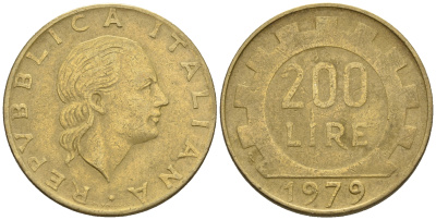 Италия 200 лир 1979 R, шестерня KM 105 алюминиевая бронза 85-524