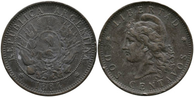 Аргентина 2 сентаво 1884 голова свободы влево KM 8 бронза 4531-515