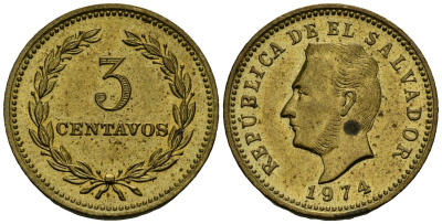 Сальвадор 3 сентаво 1974 год тип, Франсиско Морасан KM 148 никель латунь 4173-1015