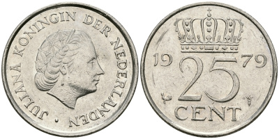 Нидерланды 25 центов 1979 Юлиана (1949-1980) KM 183 никель 96-253
