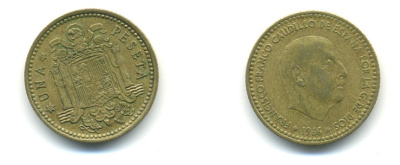 ИСПАНИЯ 1 ПЕСЕТА 1966 (68) ФРАНСИСКО ФРАНКО ДИКТАТОР ИСПАНИИ (1939-1975) КМ 796 алюминиевая бронза 80-1121