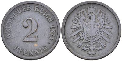 ГЕРМАНИЯ 2 ПФЕННИГА 1874 G, СТАРОГЕРБОВКА KM 2, Jager 2, Weege 3 медь 4546-537