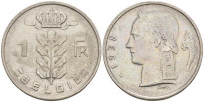 Бельгия 1 франк 1958 Belgie, Бодуэн I (1951-1993) KM 143.1 медно-никель 68-532