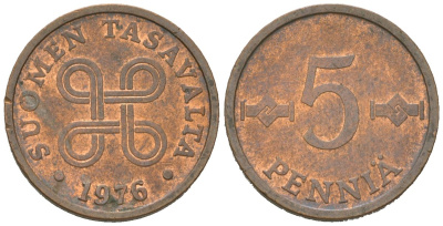 Финляндия 5 пенни 1976 KM 45 медь 4618-514