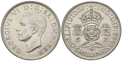 Великобритания 2 шиллинга (флорин) 1945 Георг VI (1936-1952) KM 855, Spink 4081 серебро aUNC 4619-851