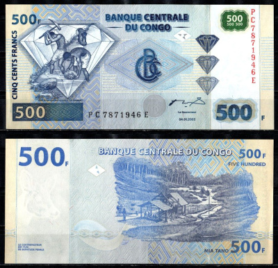 ДР Конго 500 франков 2002 Pick 96 B бумага UNC (пресс) 7487-66-3-2