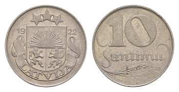 Латвия 10 сантимов 1922 год-тип KM 4 никель 4658-1239