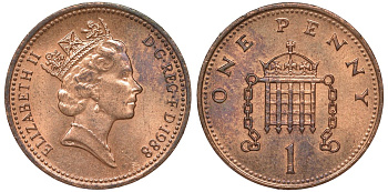 Великобритания 1 пенни 1988 Елизавета II (1952-2022) KM 935, Spink 4381 (B3) бронза 51-2427