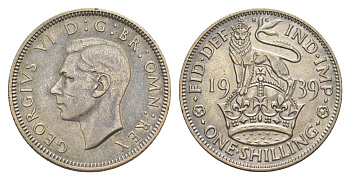 Великобритания 1 шиллинг 1939 Георг VI (1936-1952), Английский герб KM 853, Spink 4082 серебро 34-343