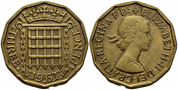 Великобритания 3 пенса 1961 Елизавета II (1952-2022) KM 900, Spink 4153 никель латунь 4393-335