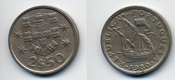 Португалия 2,5 эскудо 1980 парусник KM 590 медно-никель 29-424