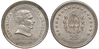 Уругвай 25 сентесимо 1960 KM 40 медно-никель 4169-832